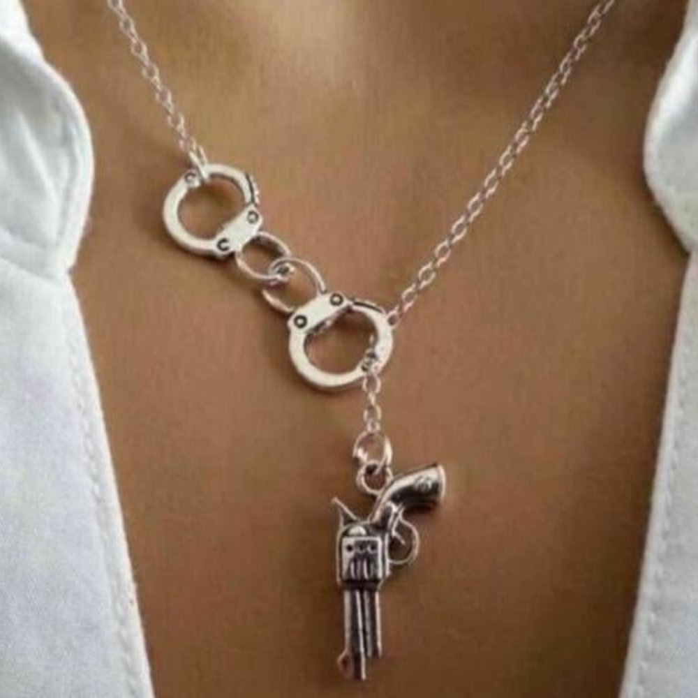 Silver Lariat Gun/Handcuff Neckalce